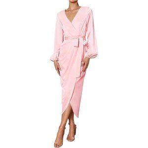 Women's Elegant V Neck Dress & Pink Satin Long Sleeve Midi Dress